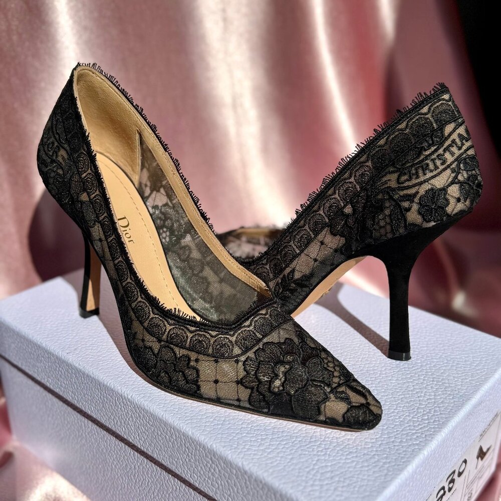 Dior Capture Pump in Black Lace Beige Mesh 4 Inch Heel Size 9